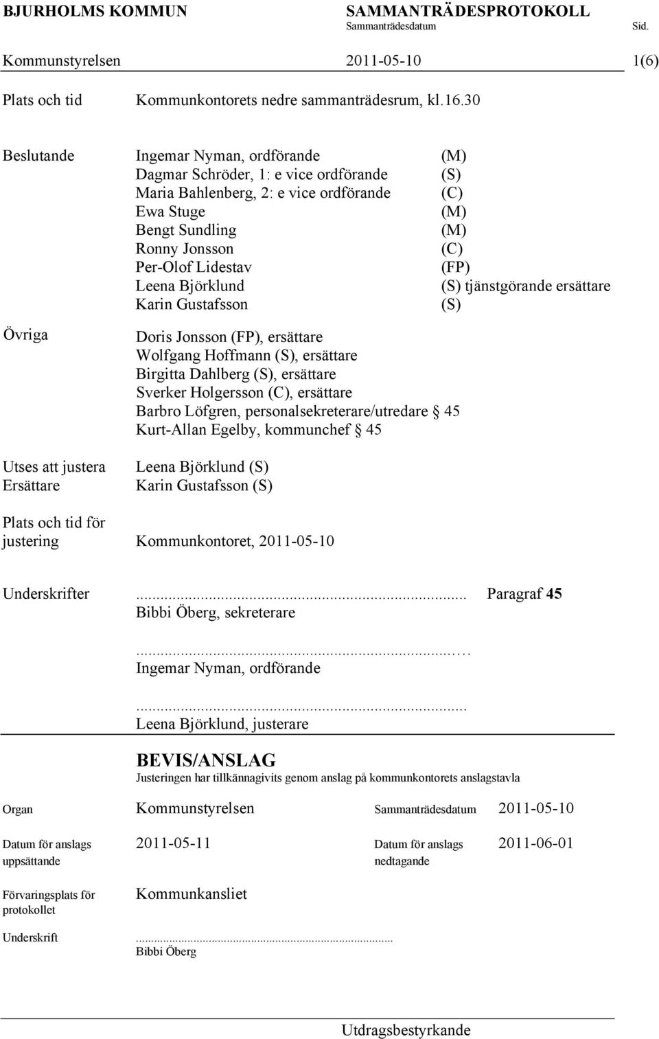 (FP) Leena Björklund (S) tjänstgörande ersättare Karin Gustafsson (S) Övriga Doris Jonsson (FP), ersättare Wolfgang Hoffmann (S), ersättare Birgitta Dahlberg (S), ersättare Sverker Holgersson (C),