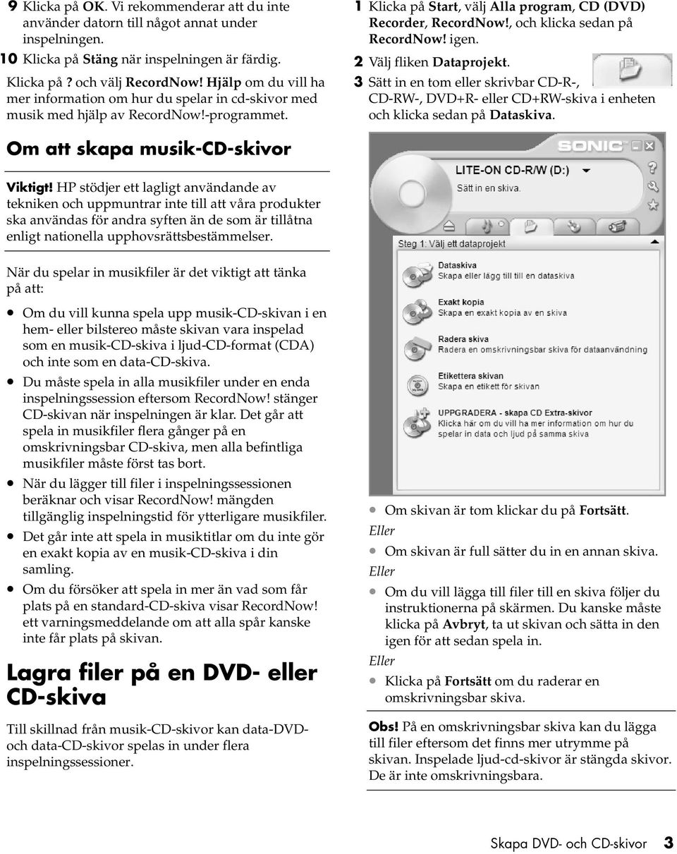 , och klicka sedan på RecordNow! igen. 2 Välj fliken Dataprojekt. 3 Sätt in en tom eller skrivbar CD-R-, CD-RW-, DVD+R- eller CD+RW-skiva i enheten och klicka sedan på Dataskiva.