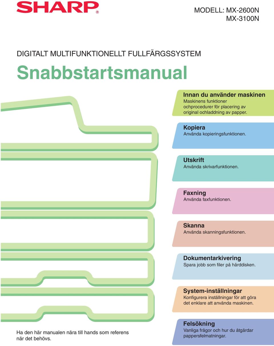Skanna Använda skanningsfunktionen. Dokumentarkivering Spara jobb som filer på hårddisken.