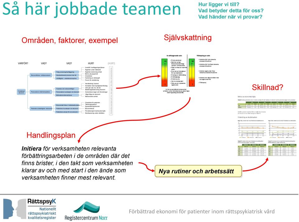 ) Innehåll i kartläggningar/planer Åtgärder under häktestid Tidig screening/kartläggning Åtgärder inskrivning rehab Behov på gruppnivå Ekonomifokus i vårdprocessen Standardiserad process över tid