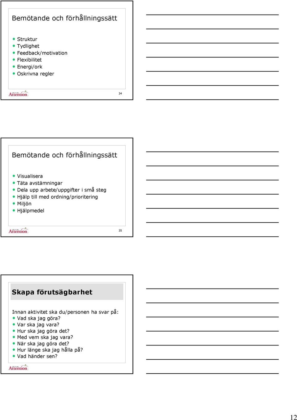 ordning/prioritering Miljön Hjälpmedel 35 Skapa förutsägbarhet Innan aktivitet ska du/personen ha svar på: Vad ska jag