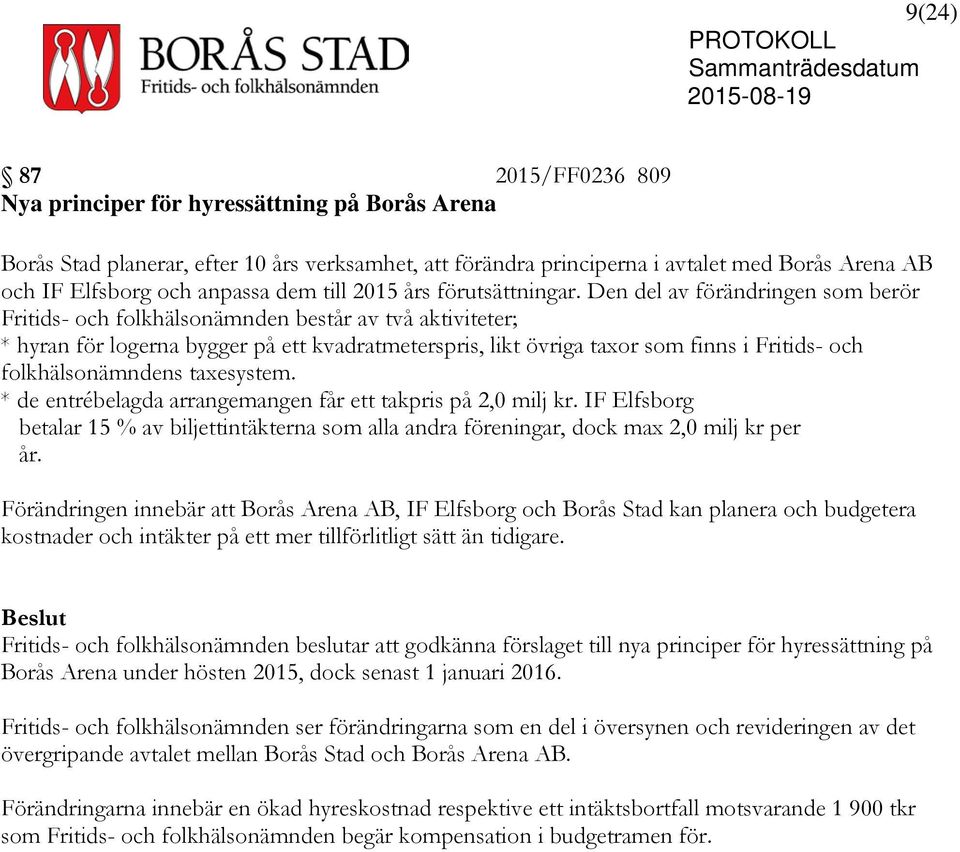 Den del av förändringen som berör Fritids- och folkhälsonämnden består av två aktiviteter; * hyran för logerna bygger på ett kvadratmeterspris, likt övriga taxor som finns i Fritids- och