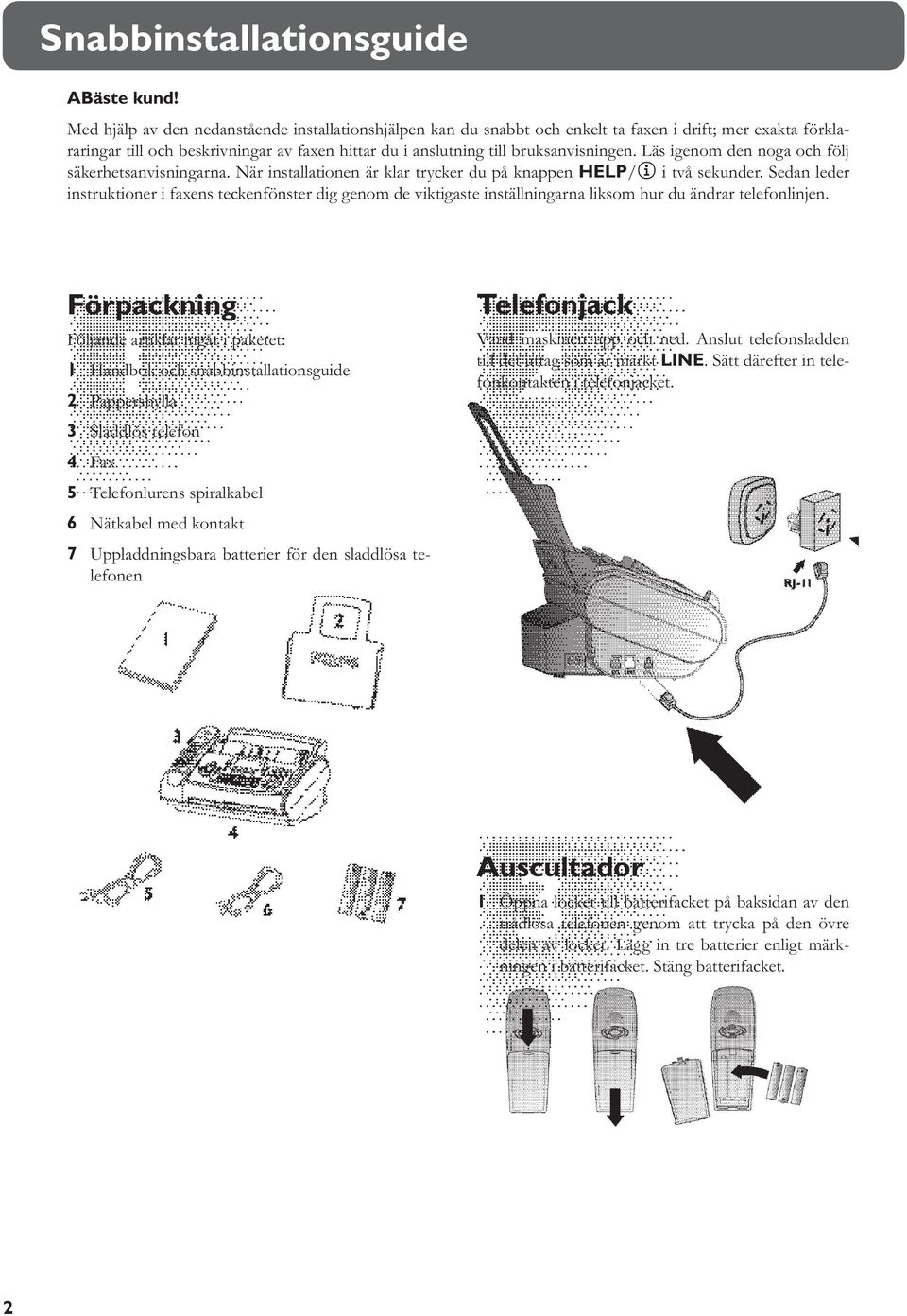 Läs igenom den noga och följ säkerhetsanvisningarna. När installationen är klar trycker du på knappen HELP/w i två sekunder.