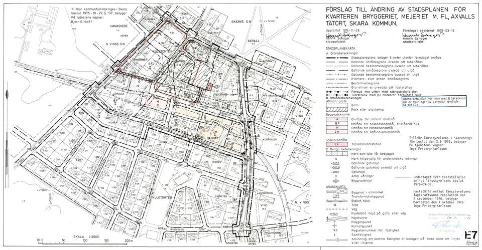 FL, AXVALLS TATORl: SKARA KOMMUN. Upprättat 197L. -11-28 Förslaget reviderat 1975-03 -12 ~~ \~~~ Henrik Schager stadsarkitekt stadsark itekt STADSPLANEKARTA AGränsbeteckningar ----- - ---- -*~ ;-:.