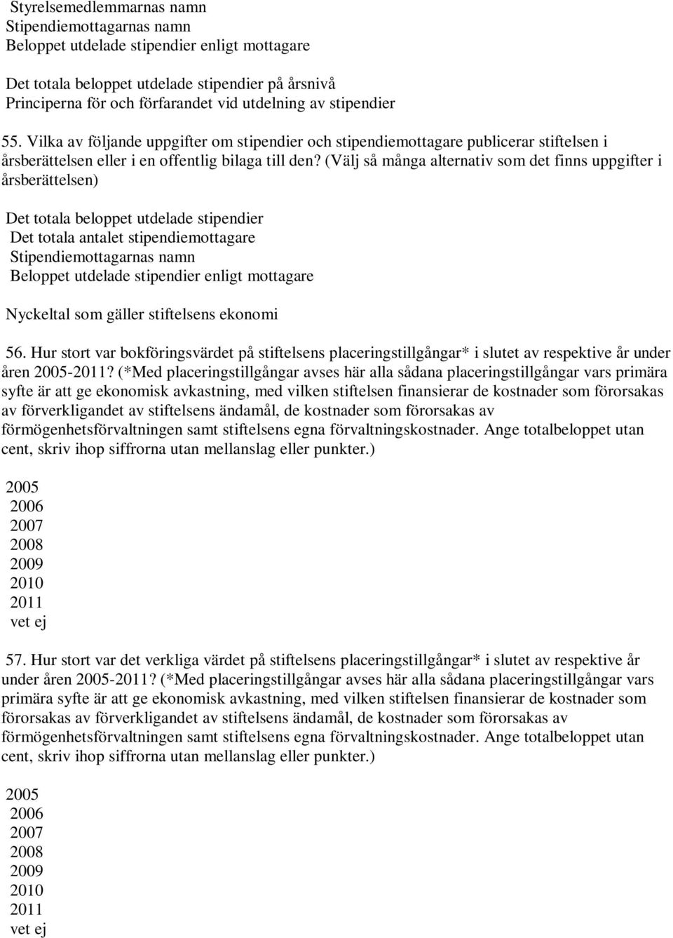 (Välj så många alternativ som det finns uppgifter i årsberättelsen) Det totala beloppet utdelade stipendier Det totala antalet stipendiemottagare Stipendiemottagarnas namn Beloppet utdelade