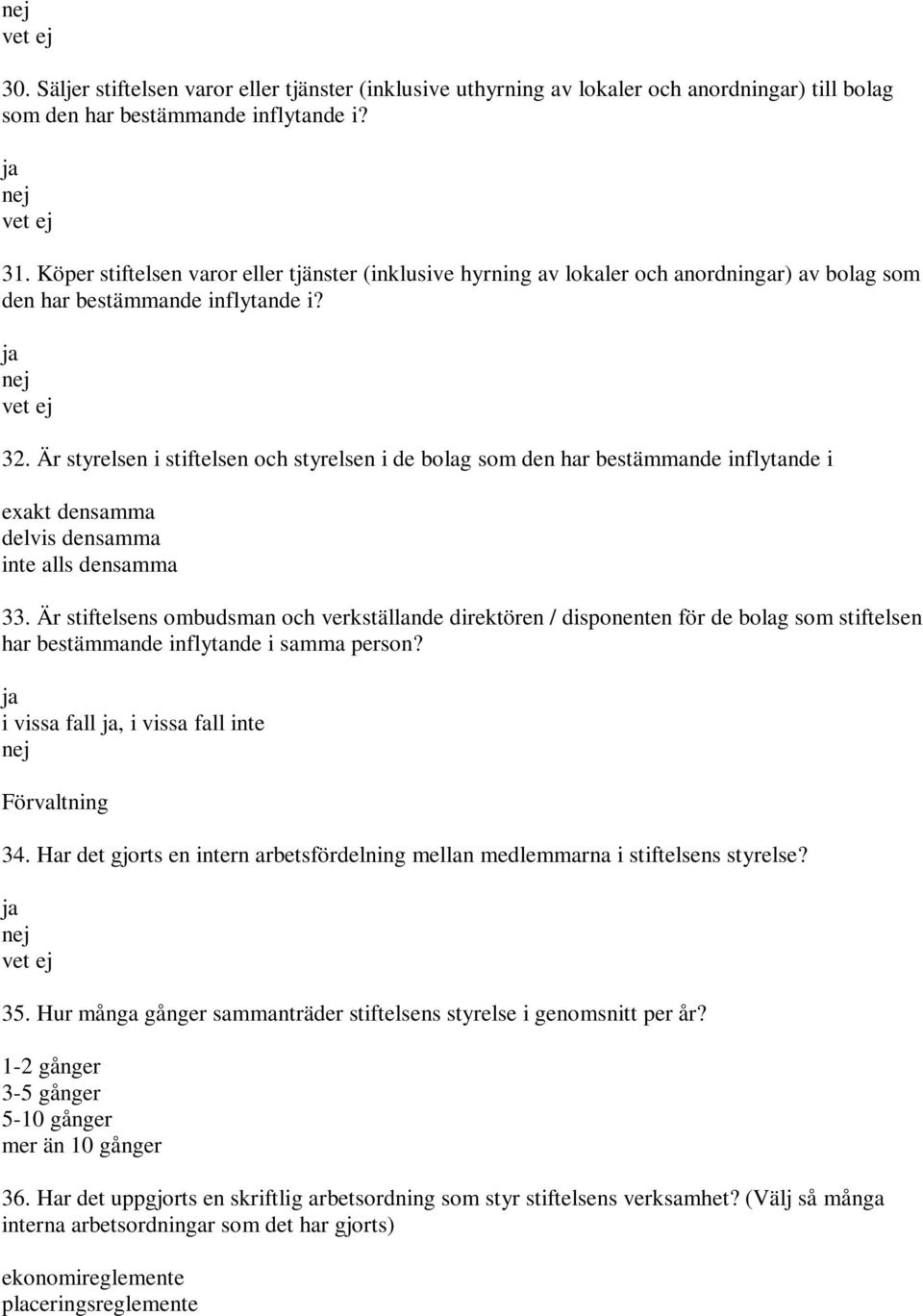 Är styrelsen i stiftelsen och styrelsen i de bolag som den har bestämmande inflytande i exakt densamma delvis densamma inte alls densamma 33.