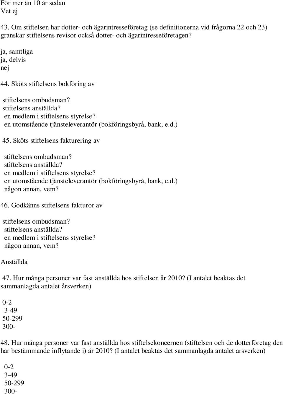Sköts stiftelsens fakturering av stiftelsens ombudsman? stiftelsens anställda? en medlem i stiftelsens styrelse? en utomstående tjänsteleverantör (bokföringsbyrå, bank, e.d.) någon annan, vem? 46.