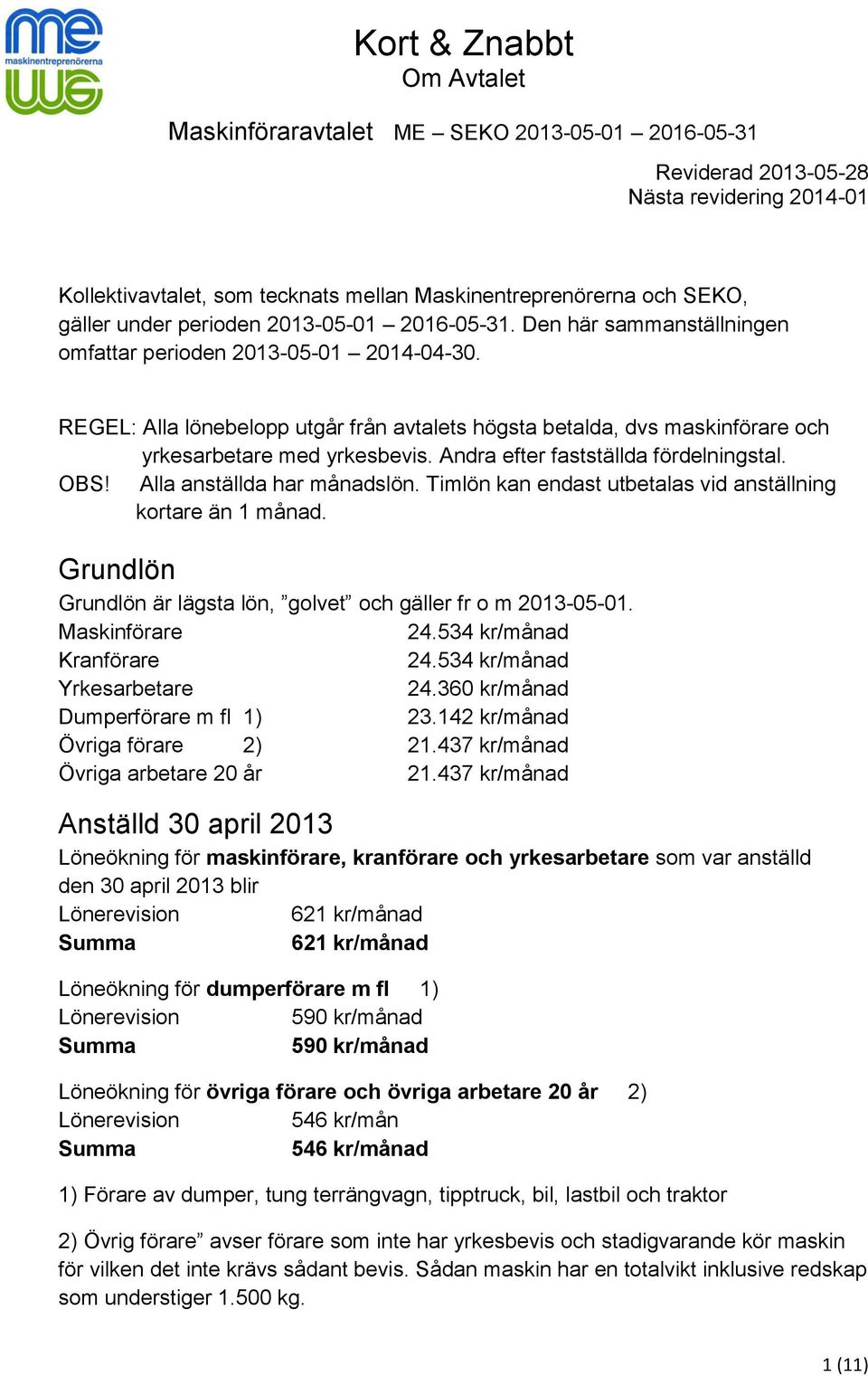 Timlön kan endast utbetalas vid anställning kortare än 1 månad. Grundlön Grundlön är lägsta lön, golvet och gäller fr o m 2013-05-01. Maskinförare 24.534 kr/månad Kranförare 24.