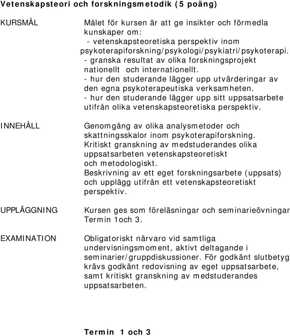 - hur den studerande lägger upp utvärderingar av den egna psykoterapeutiska verksamheten. - hur den studerande lägger upp sitt uppsatsarbete utifrån olika vetenskapsteoretiska perspektiv.