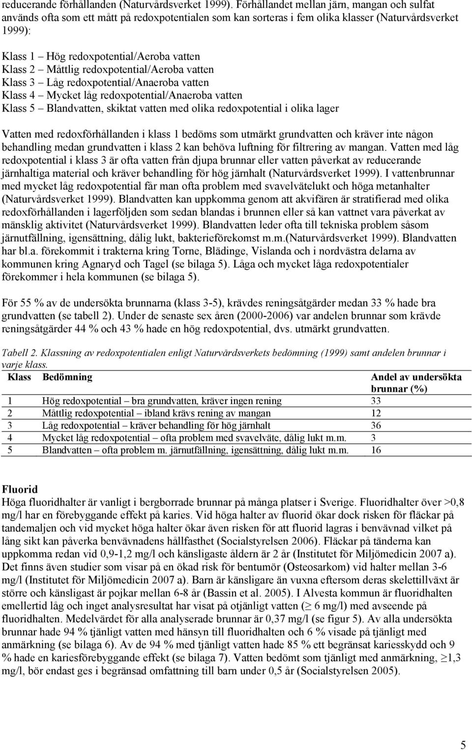 2 Måttlig redoxpotential/aeroba vatten Klass 3 Låg redoxpotential/anaeroba vatten Klass 4 Mycket låg redoxpotential/anaeroba vatten Klass 5 Blandvatten, skiktat vatten med olika redoxpotential i