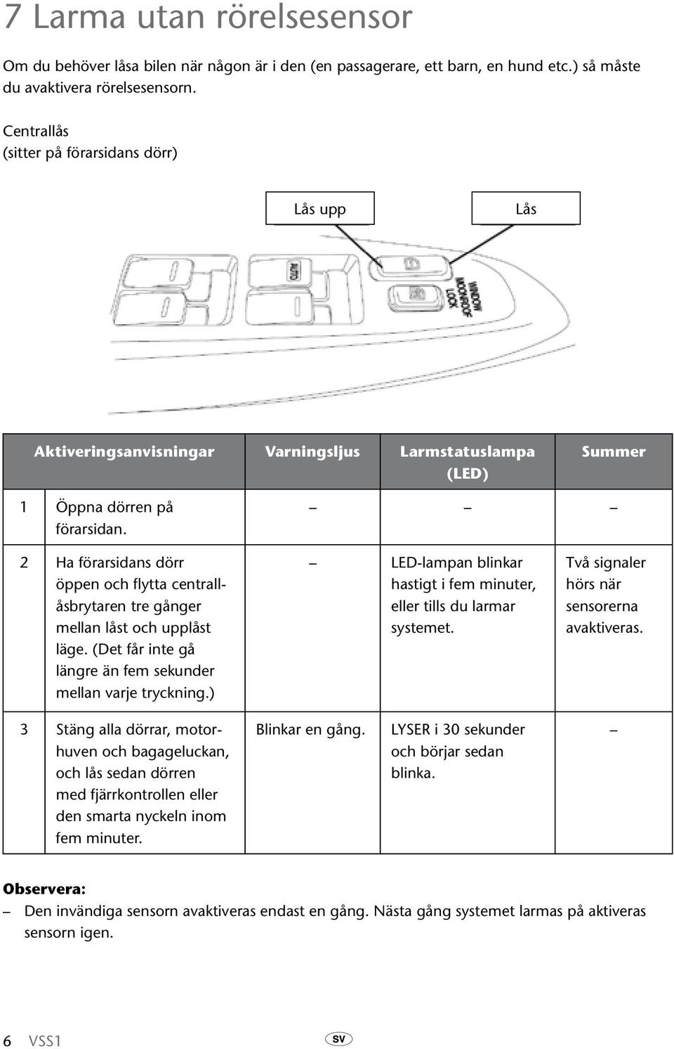 2 Ha förarsidans dörr öppen och flytta centrallåsbrytaren tre gånger mellan låst och upplåst läge. (Det får inte gå längre än fem sekunder mellan varje tryckning.