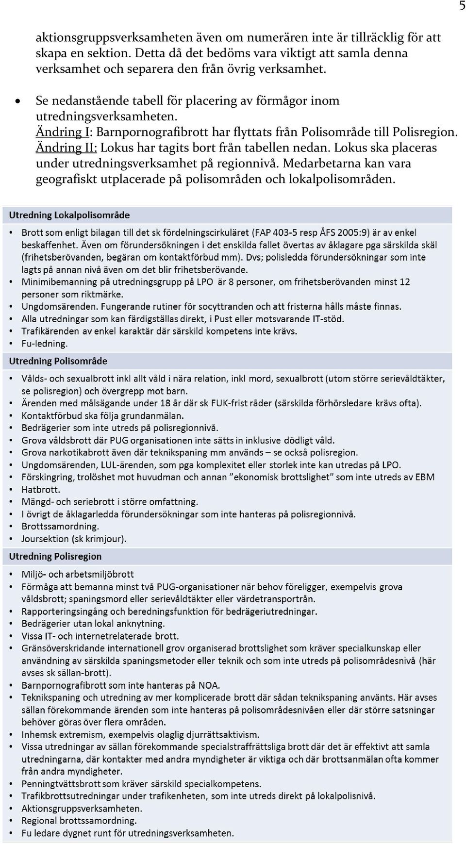 Se nedanstående tabell för placering av förmågor inom utredningsverksamheten.
