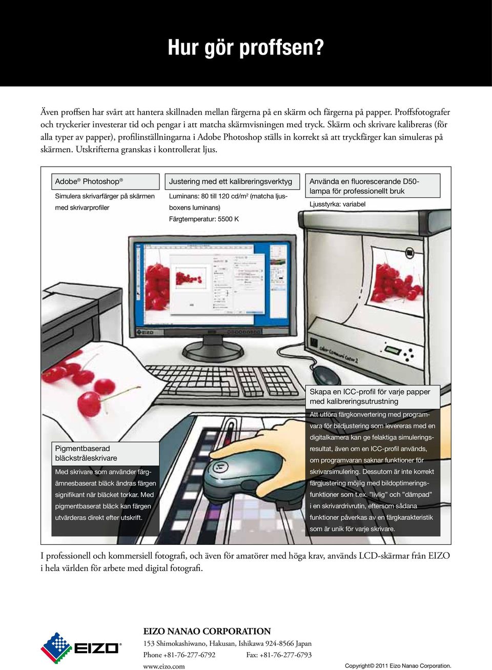 Skärm och skrivare kalibreras (för alla typer av papper), profilinställningarna i Adobe Photoshop ställs in korrekt så att tryckfärger kan simuleras på skärmen.