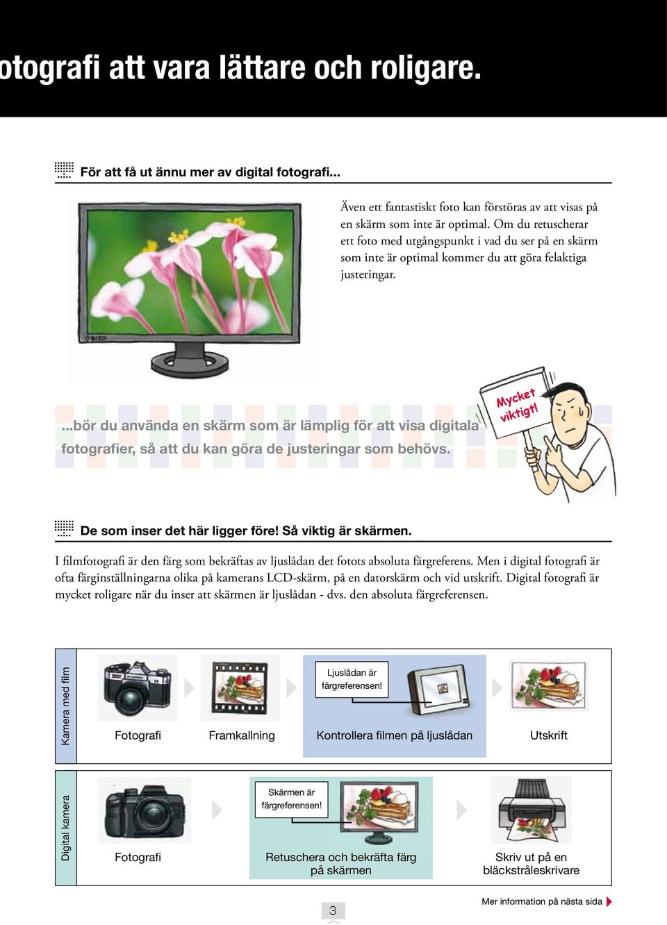 ...bör du använda en skärm som är lämplig för att visa digitala fotografier, så att du kan göra de justeringar som behövs. Mycket viktigt! De som inser det här ligger före! Så viktig är skärmen.