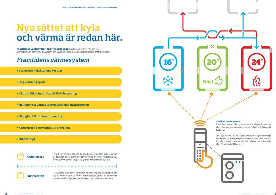 Upp till 50% besparing Möjlighet till verklig individuell temperaturkontroll Möjlighet till luftkonditionering Kontroll och övervakning via mobilen Miljövänligt Så här fungerar det.