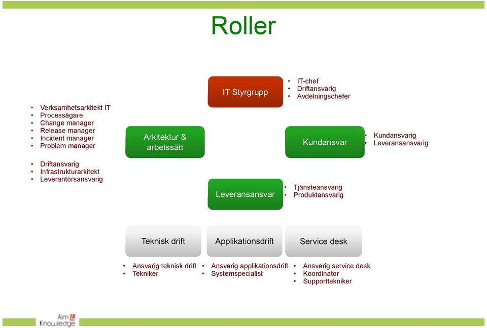 Infrastrukturarkitekt Leverantörsansvarig Leveransansvar Tjänsteansvarig Produktansvarig Teknisk drift Applikationsdrift