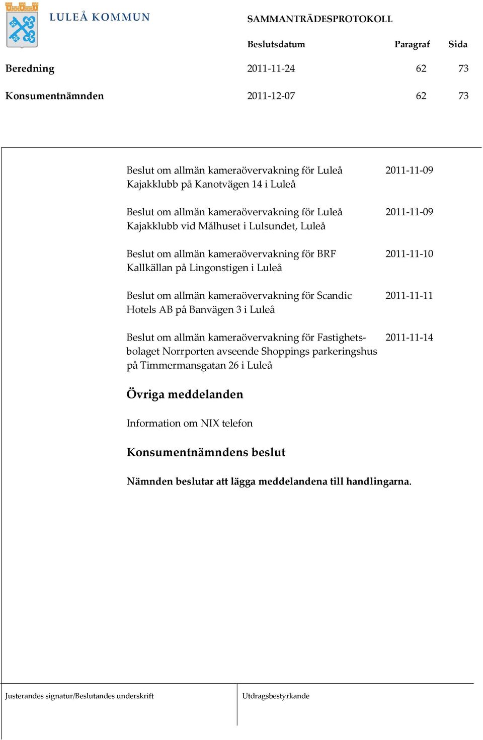 Luleå Beslut om allmän kameraövervakning för Scandic 2011-11-11 Hotels AB på Banvägen 3 i Luleå Beslut om allmän kameraövervakning för Fastighets- 2011-11-14 bolaget