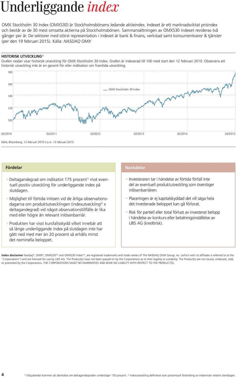 Källa: NASDAQ OMX Historisk utveckling* Grafen nedan visar historisk utveckling för OMX Stockholm 30 Index. Grafen är indexerad till 100 med start den 12 februari 2010.