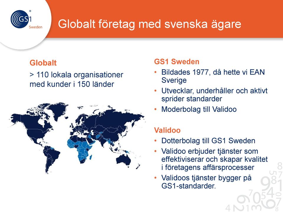 Moderbolag till Validoo Validoo Dotterbolag till GS1 Sweden Validoo erbjuder tjänster som