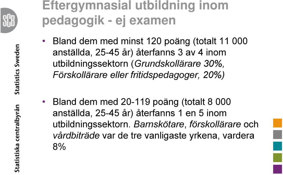 eller fritidspedagoger, 20%) Bland dem med 20-119 poäng (totalt 8 000 anställda, 25-45 år) återfanns 1