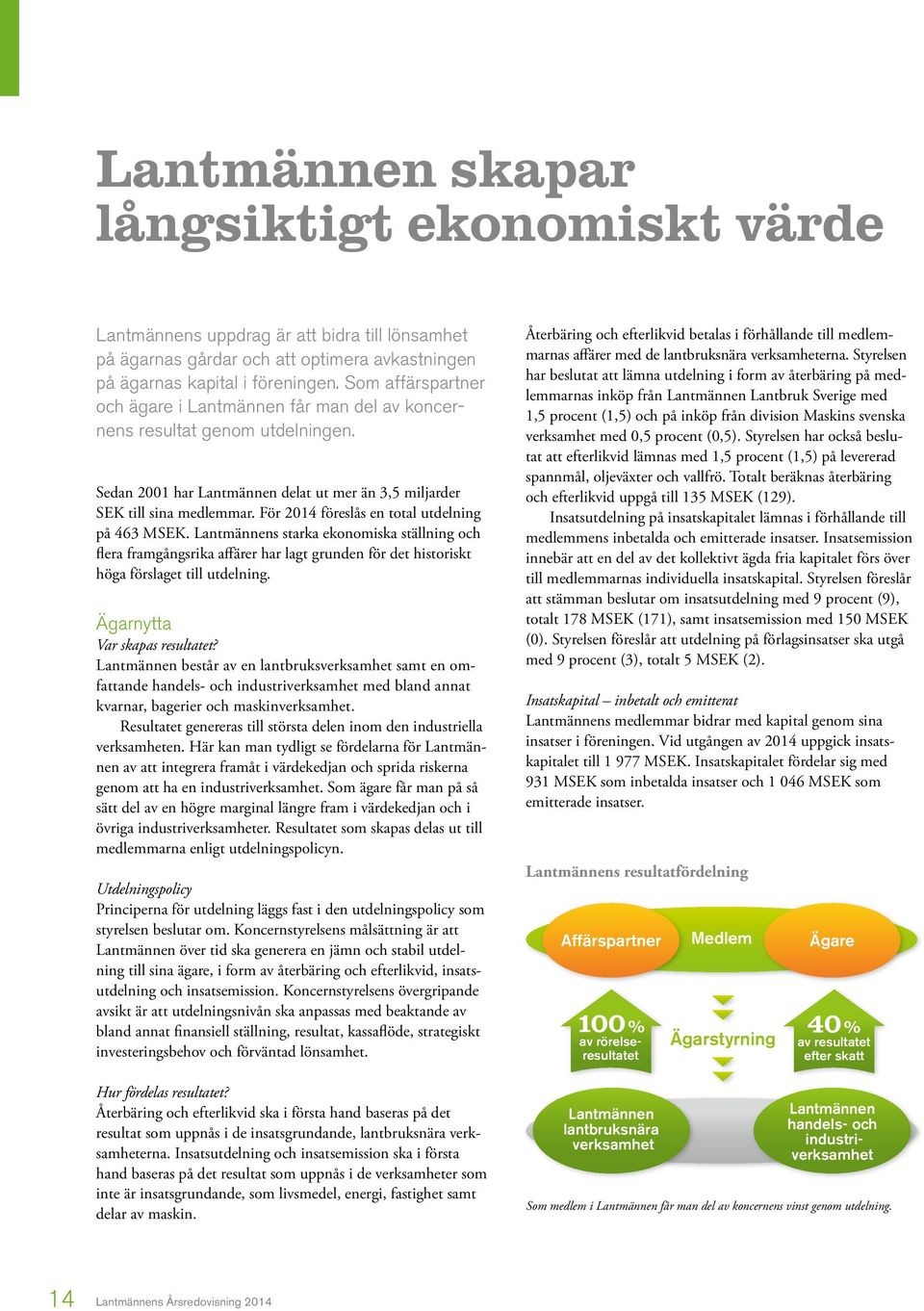 För 2014 föreslås en total utdelning på 463 MSEK. Lantmännens starka ekonomiska ställning och flera framgångsrika affärer har lagt grunden för det historiskt höga förslaget till utdelning.