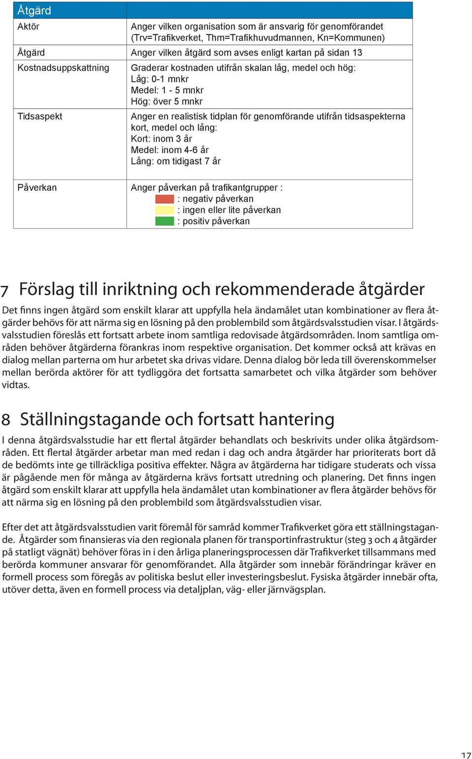 tidsaspekterna kort, medel och lång: Kort: inom 3 år Medel: inom 4-6 år Lång: om tidigast 7 år Påverkan Anger påverkan på trafikantgrupper : : negativ påverkan : ingen eller lite påverkan : positiv