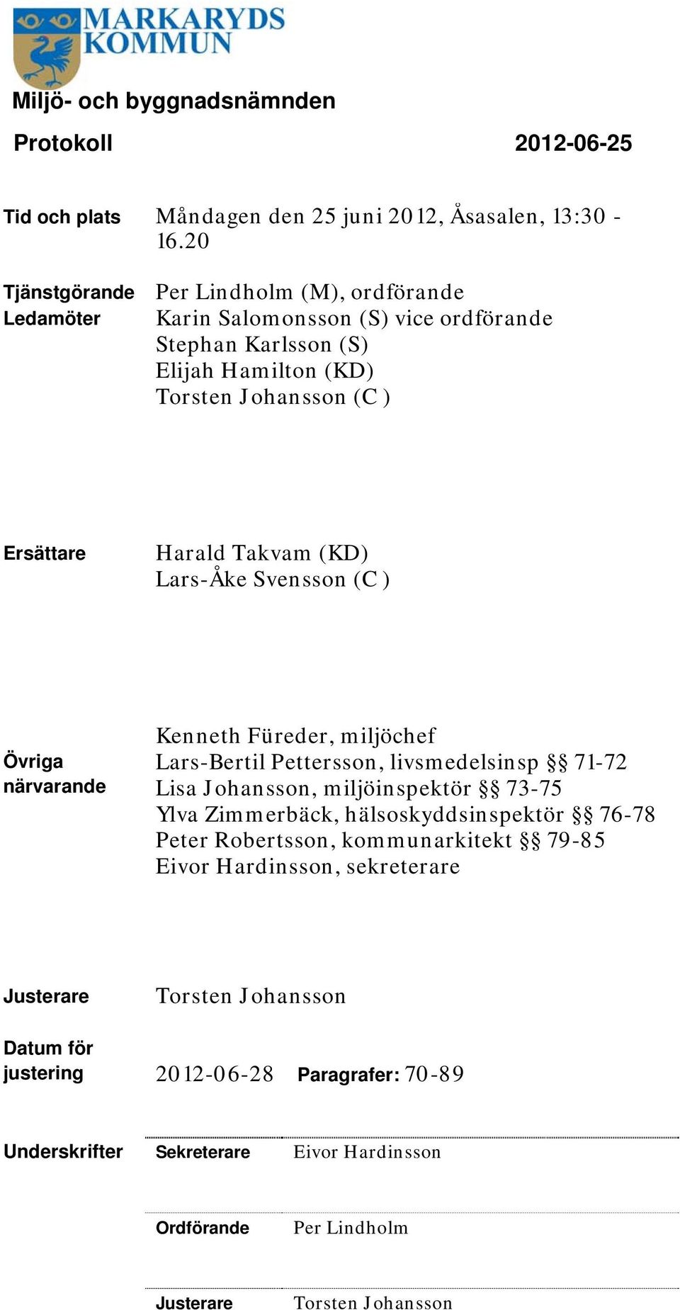 Takvam (KD) Lars-Åke Svensson (C ) Övriga närvarande Kenneth Füreder, miljöchef Lars-Bertil Pettersson, livsmedelsinsp 7-72 Lisa Johansson, miljöinspektör 73-75 Ylva Zimmerbäck,