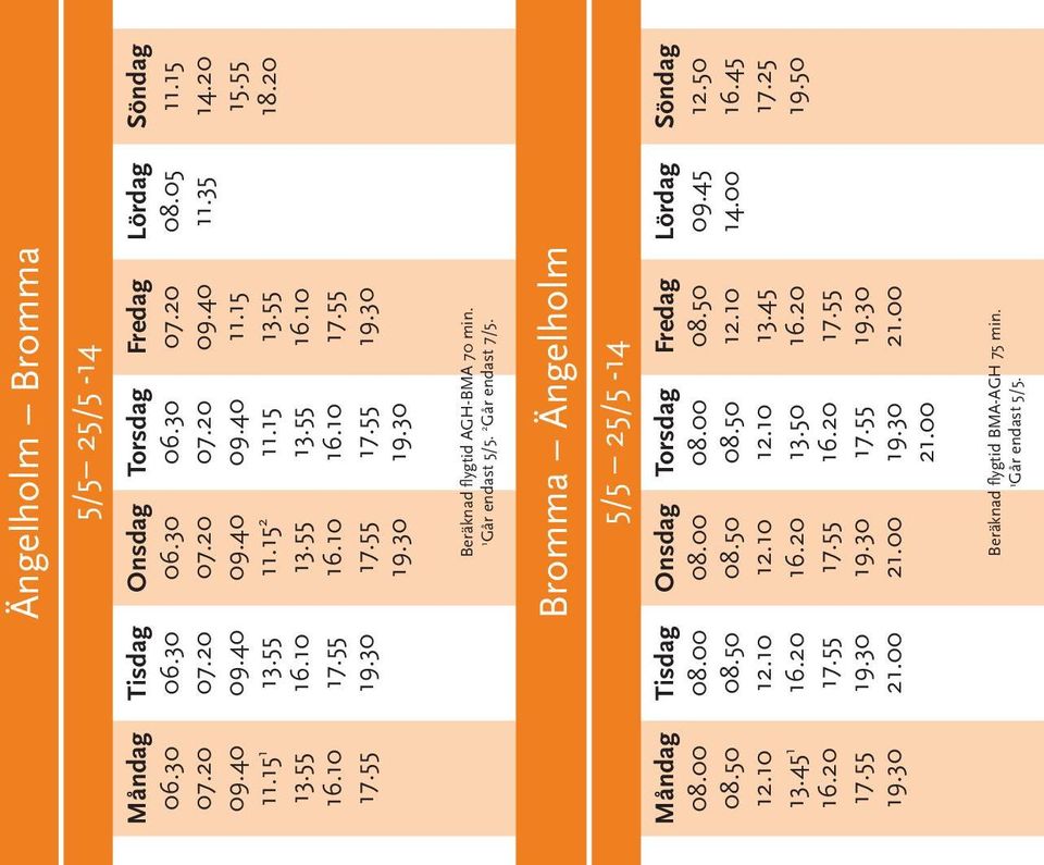 2 Går endast 7/5. Bromma Ängelholm 5/5 25/5-14 13.