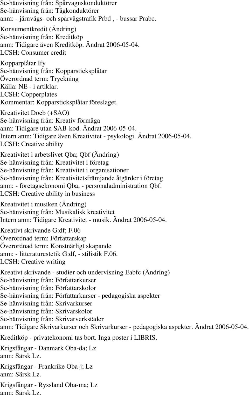 LCSH: Consumer credit Kopparplåtar Ify Se-hänvisning från: Kopparsticksplåtar Överordnad term: Tryckning Källa: NE - i artiklar. LCSH: Copperplates Kommentar: Kopparsticksplåtar föreslaget.