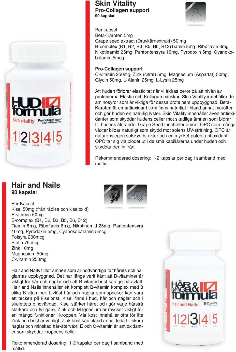Pro-Collagen support C-vitamin 250mg, Zink (citrat) 5mg, Magnesium (Aspartat) 50mg, Glycin 50mg, L-Alanin 25mg, L-Lysin 25mg Att huden förlorar elasticitet när vi åldras beror på att nivån av