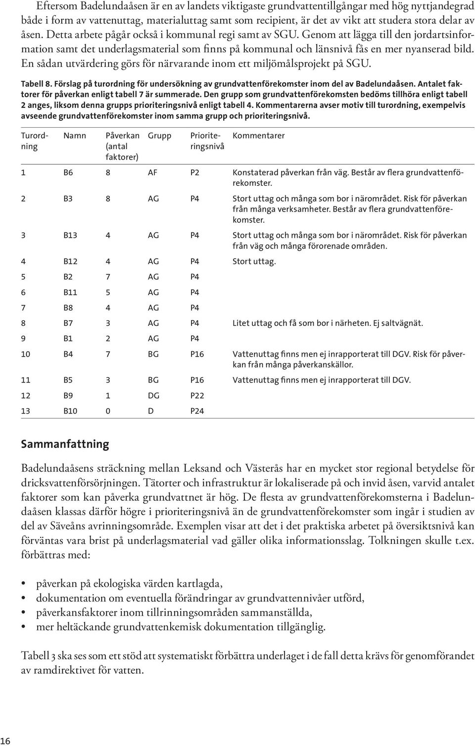 En sådan utvärdering görs för närvarande inom ett miljömålsprojekt på SGU. Tabell 8. Förslag på turordning för undersökning av grundvattenförekomster inom del av Badelundaåsen.