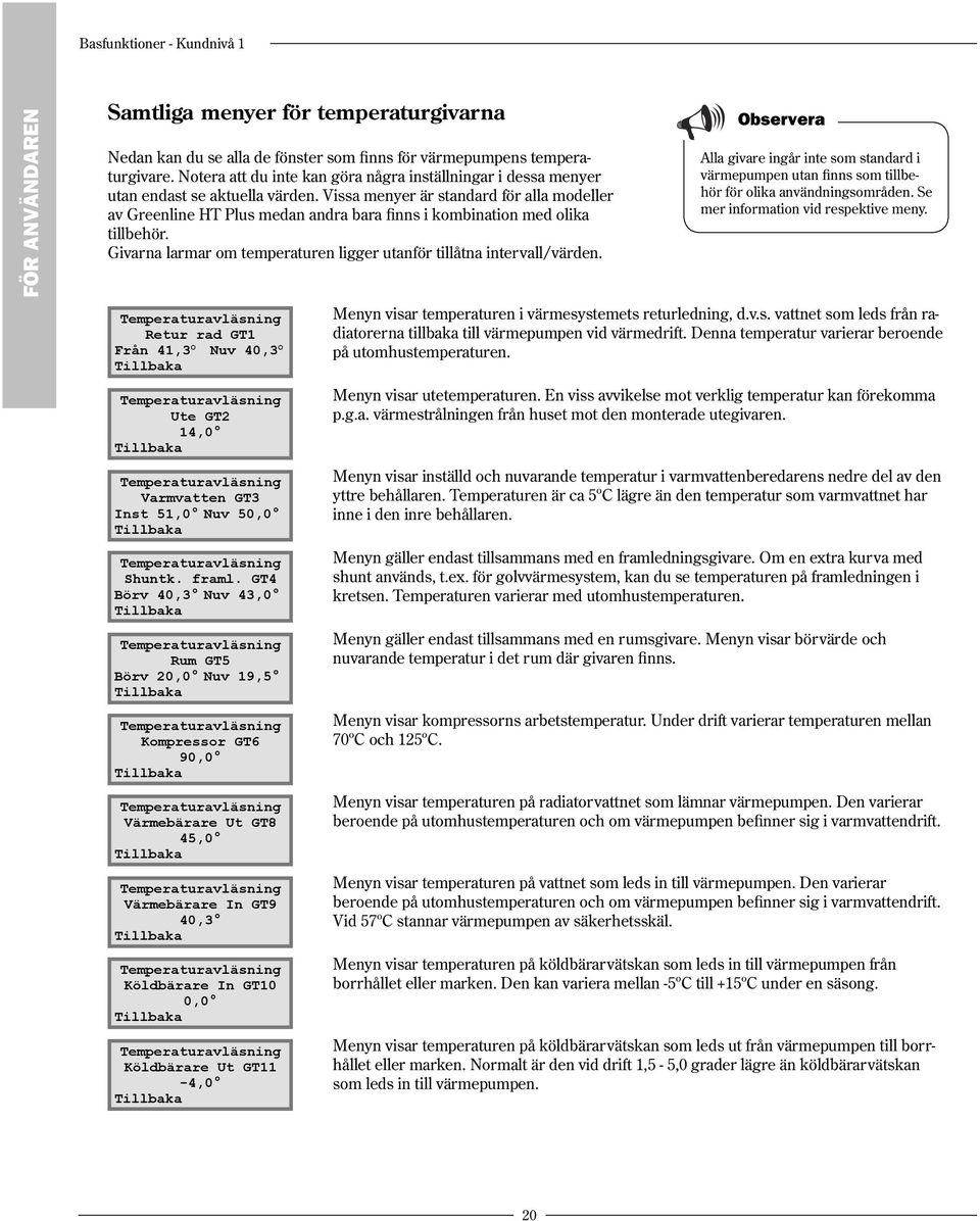 Vissa menyer är standard för alla modeller av Greenline HT Plus medan andra bara finns i kombination med olika tillbehör. Givarna larmar om temperaturen ligger utanför tillåtna intervall/värden.