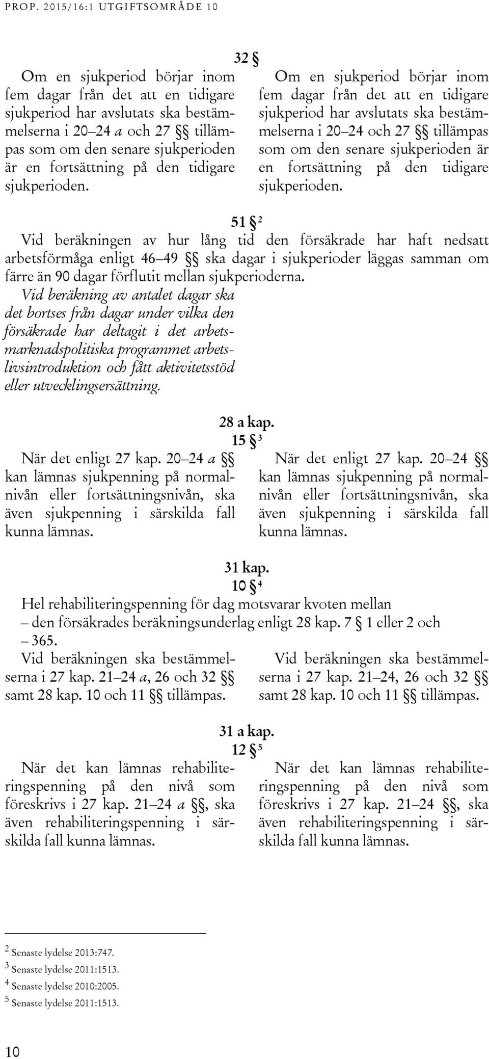 32 Om en sjukperiod börjar inom fem dagar från det att en tidigare sjukperiod har avslutats ska bestämmelserna i 20 24 och 27 tillämpas som om den senare sjukperioden är en fortsättning på den  51 2