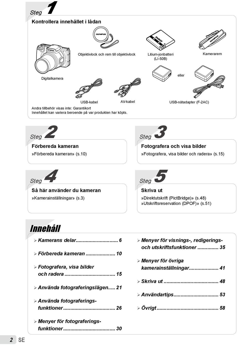 3) Steg 3 Fotografera och visa bilder»fotografera, visa bilder och radera» (s.15) Steg 5 Skriva ut USB-nätadapter (F-2AC)»Direktutskrift (PictBridge)» (s.48)»utskriftsreservation (DPOF)» (s.
