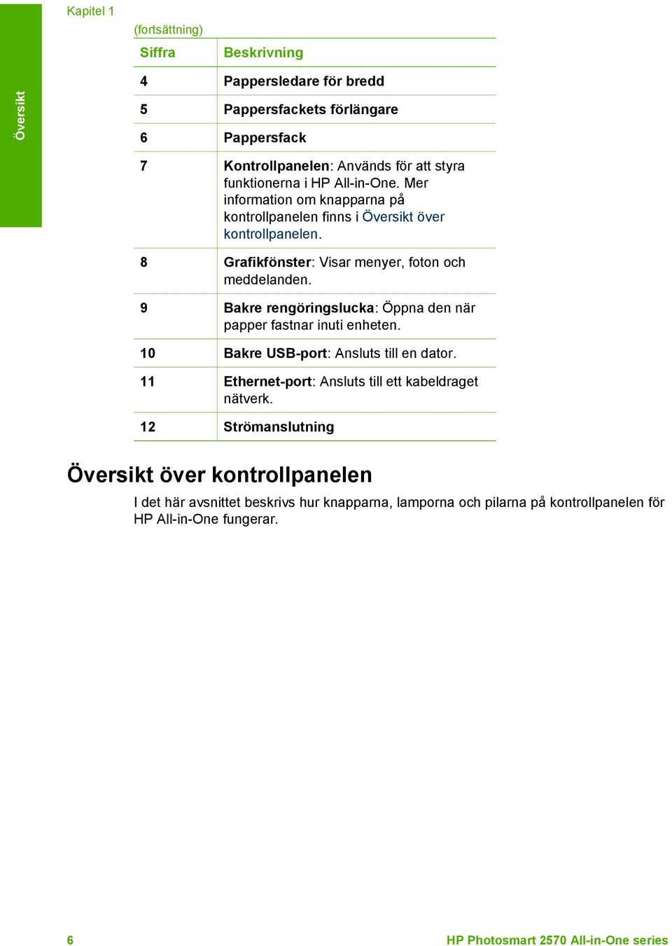 9 Bakre rengöringslucka: Öppna den när papper fastnar inuti enheten. 10 Bakre USB-port: Ansluts till en dator. 11 Ethernet-port: Ansluts till ett kabeldraget nätverk.