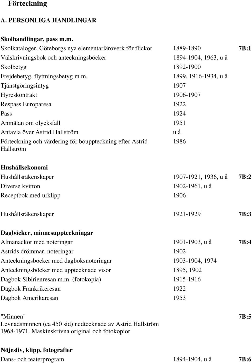 1916-1934, u å Tjänstgöringsintyg 1907 Hyreskontrakt 1906-1907 Respass Europaresa 1922 Pass 1924 Anmälan om olycksfall 1951 Antavla över Astrid Hallström u å Förteckning och värdering för