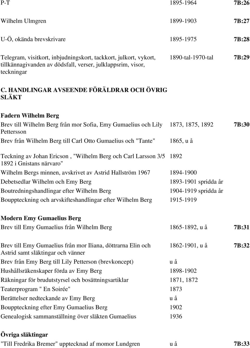 HANDLINGAR AVSEENDE FÖRÄLDRAR OCH ÖVRIG SLÄKT Fadern Wilhelm Berg Brev till Wilhelm Berg från mor Sofia, Emy Gumaelius och Lily Pettersson Brev från Wilhelm Berg till Carl Otto Gumaelius och "Tante"