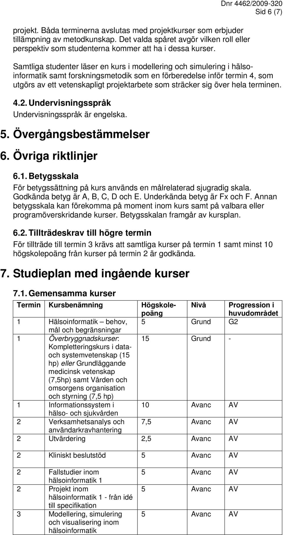 som sträcker sig över hela terminen. 4.2. Undervisningsspråk Undervisningsspråk är engelska. 5. Övergångsbestämmelser 6. Övriga riktlinjer 6.1.