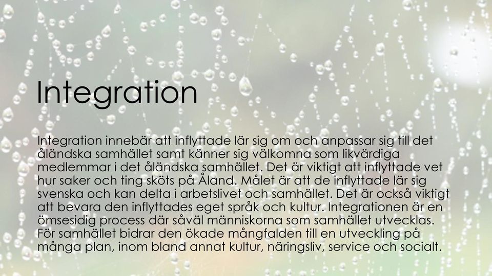 Målet är att de inflyttade lär sig svenska och kan delta i arbetslivet och samhället. Det är också viktigt att bevara den inflyttades eget språk och kultur.