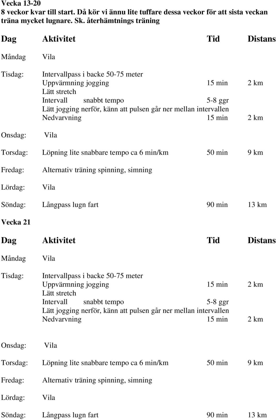 snabbare tempo ca 6 min/km 50 min 9 km Fredag: Alternativ träning spinning, simning Söndag: Långpass lugn fart 90 min 13 km Vecka 21 Måndag Intervallpass i backe 50-75 meter