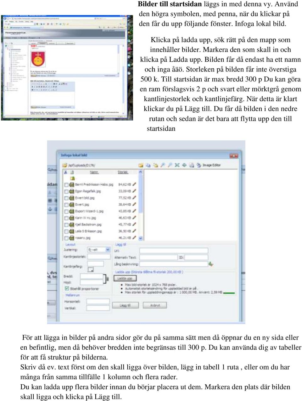 Storleken på bilden får inte överstiga 500 k. Till startsidan är max bredd 300 p Du kan göra en ram förslagsvis 2 p och svart eller mörktgrå genom kantlinjestorlek och kantlinjefärg.