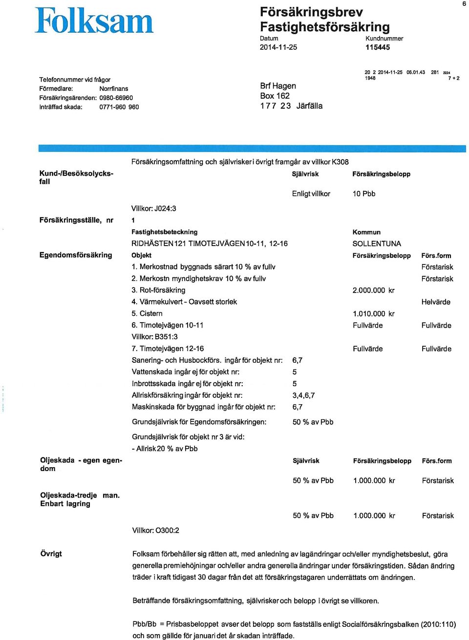 43 281 24 1948 7+2 Förmedlare: Norrfinans Bil Hagen Inträffad skada: 0771-960 960 1 7 7 23 Järfälla Försäkringsomfattning och självrisker i övrigt framgår av villkor K308 Kund-/Besöksolycks-