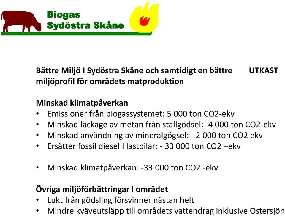 mineralgögsel: - 2 000 ton CO2 ekv Ersätter fossil diesel I lastbilar: - 33 000 ton CO2 ekv Minskad klimatpåverkan: -33 000 ton