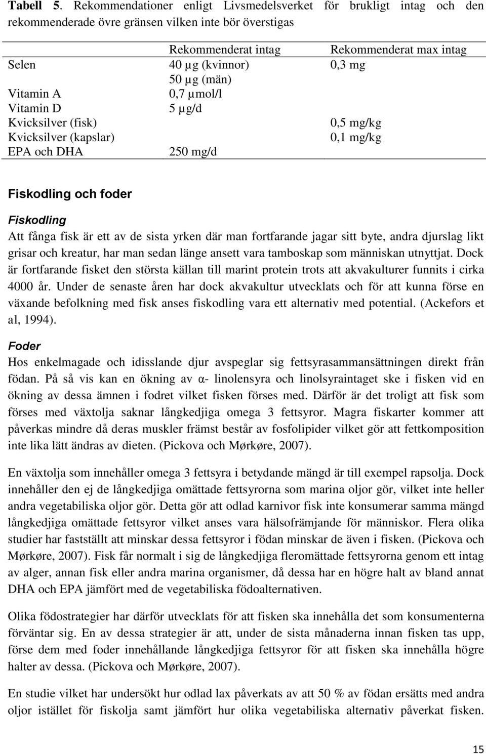 DHA Rekommenderat intag 40 µg (kvinnor) 50 µg (män) 0,7 µmol/l 5 µg/d 250 mg/d Rekommenderat max intag 0,3 mg 0,5 mg/kg 0,1 mg/kg Fiskodling och foder Fiskodling Att fånga fisk är ett av de sista