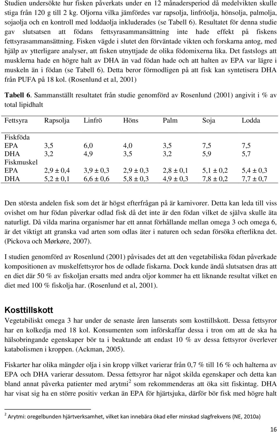 Resultatet för denna studie gav slutsatsen att födans fettsyrasammansättning inte hade effekt på fiskens fettsyrasammansättning.