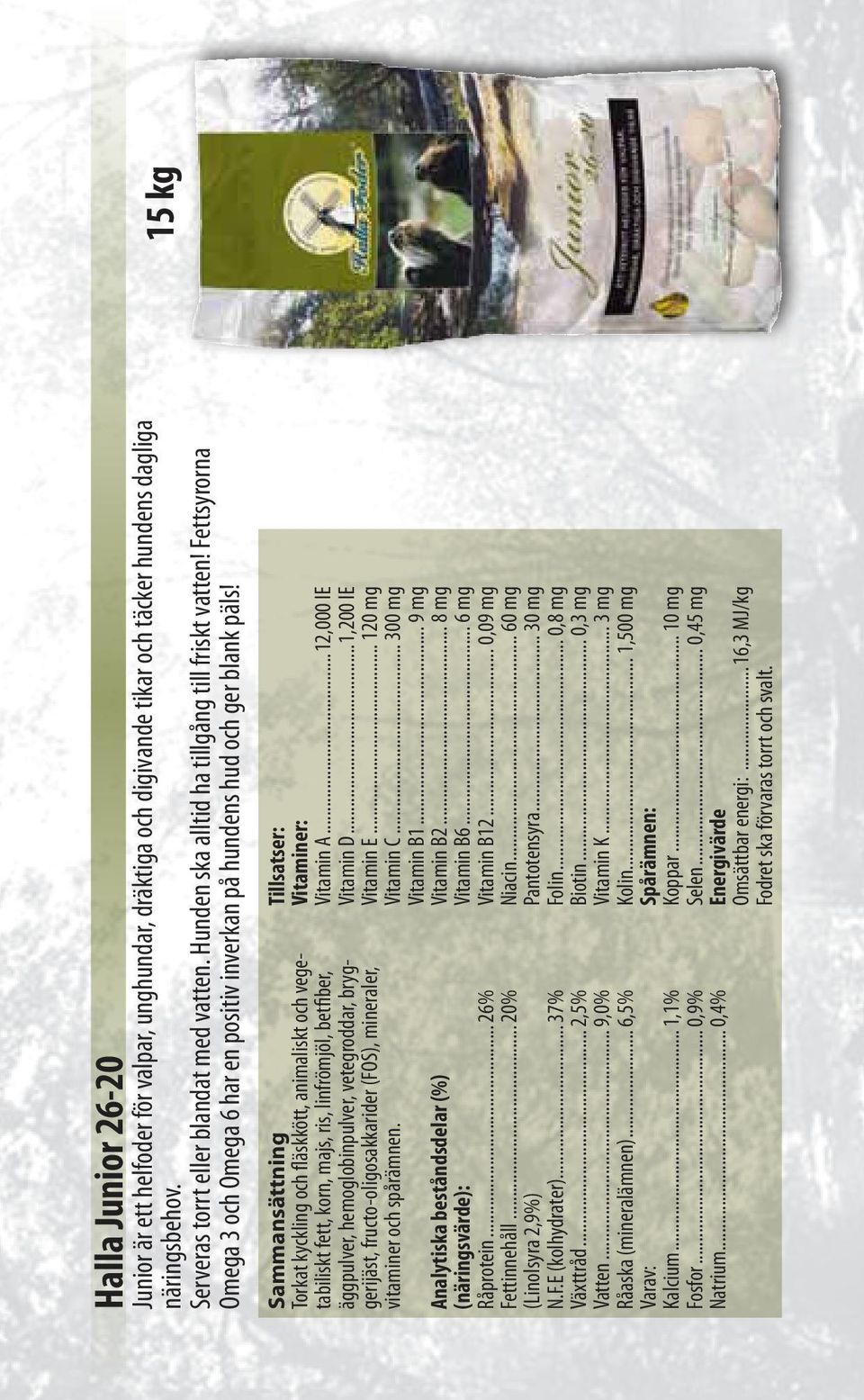 Torkat kyckling och fläskkött, animaliskt och vegetabiliskt fett, korn, majs, ris, linfrömjöl, betfiber, äggpulver, hemoglobinpulver, vetegroddar, bryggerijäst, fructo-oligosakkarider (FOS),