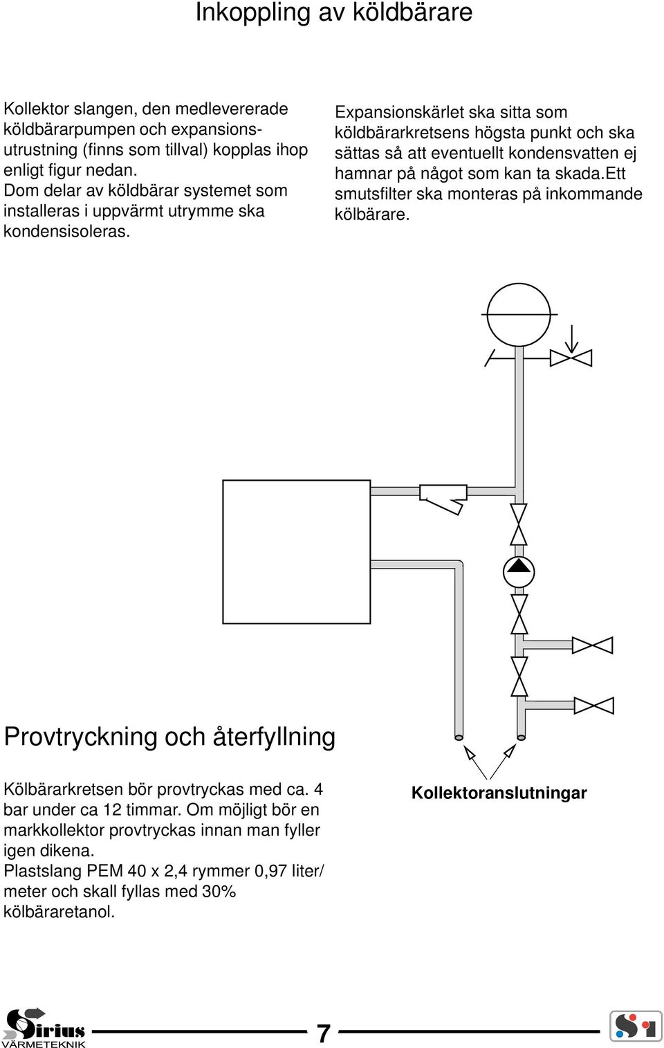 Expansionskärlet ska sitta som köldbärarkretsens högsta punkt och ska sättas så att eventuellt kondensvatten ej hamnar på något som kan ta skada.