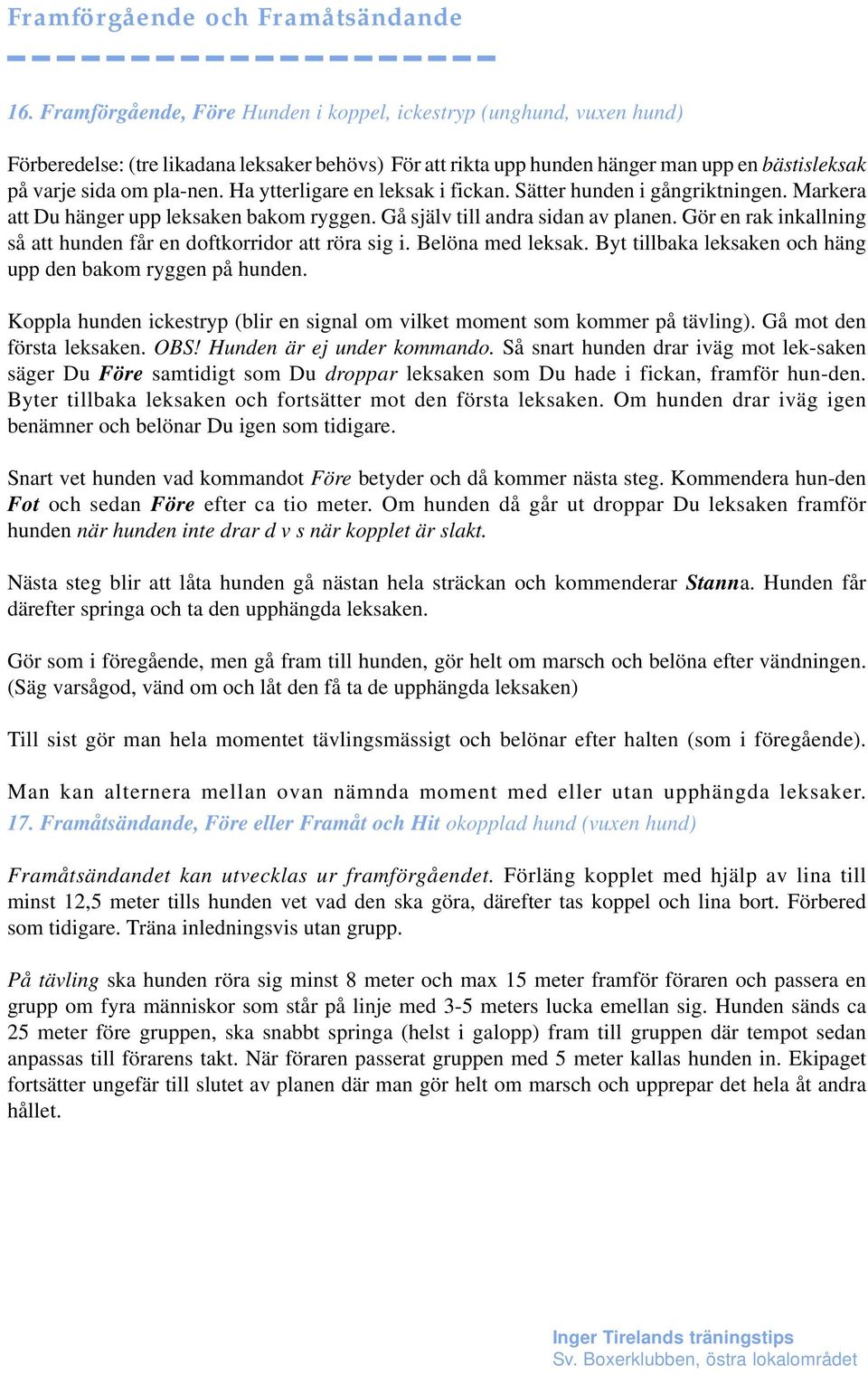 Ha ytterligare en leksak i fickan. Sätter hunden i gångriktningen. Markera att Du hänger upp leksaken bakom ryggen. Gå själv till andra sidan av planen.