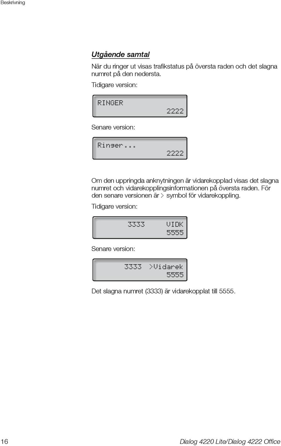 .. 2222 Om den uppringda anknytningen är vidarekopplad visas det slagna numret och vidarekopplingsinformationen på