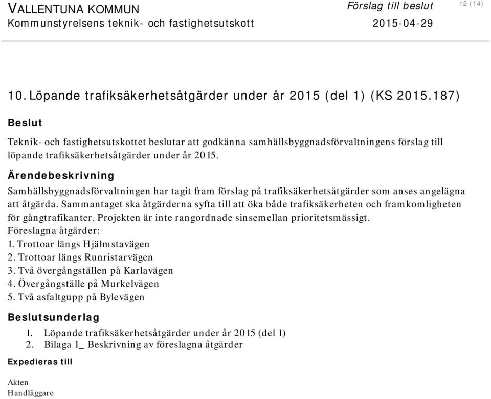 Samhällsbyggnadsförvaltningen har tagit fram förslag på trafiksäkerhetsåtgärder som anses angelägna att åtgärda.